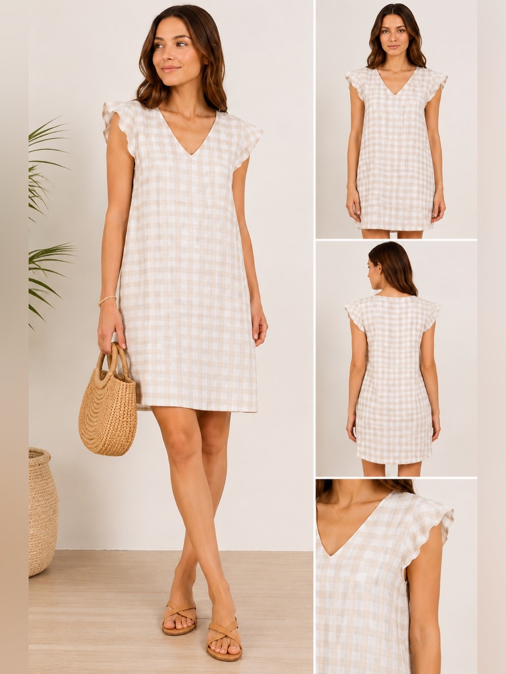 Cynthia Rowley 100% Linen Gingham Shift Dress Beige White Ruffle Small